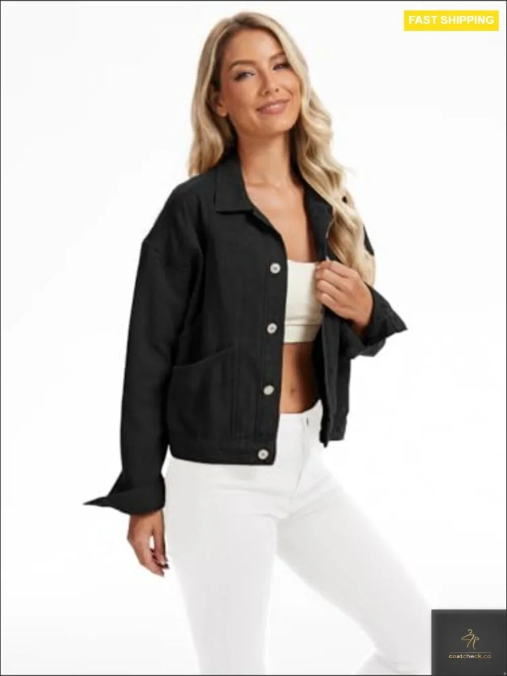 Oversized Cropped Denim Jacket Button Down Shacket Trucker Multi Pockets_5